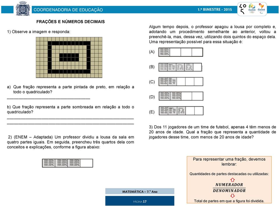 b) Que fração representa a parte sombreada em relação a todo o quadriculado? 2) (ENEM Adaptada) Um professor dividiu a lousa da sala em quatro partes iguais.