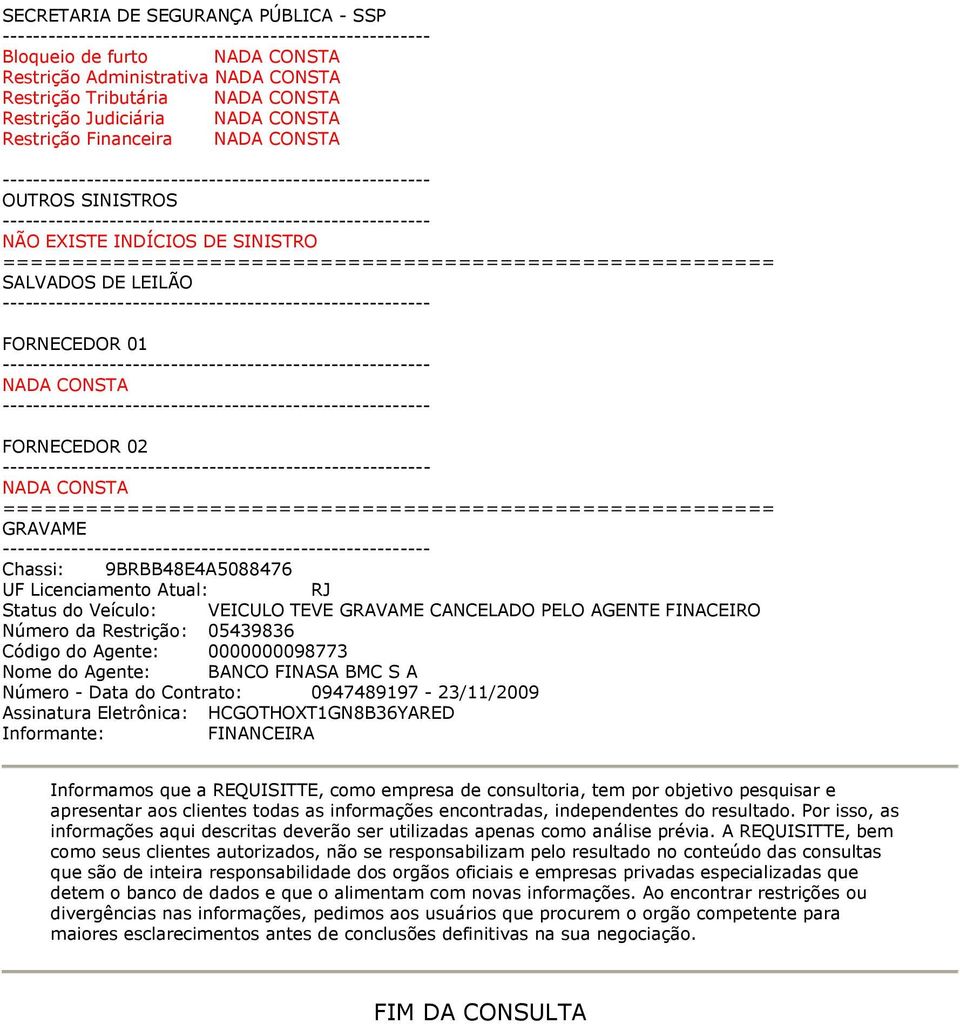 Agente: 0000000098773 Nome do Agente: BANCO FINASA BMC S A Número - Data do Contrato: 0947489197-23/11/2009 Assinatura Eletrônica: HCGOTHOXT1GN8B36YARED Informante: FINANCEIRA Informamos que a