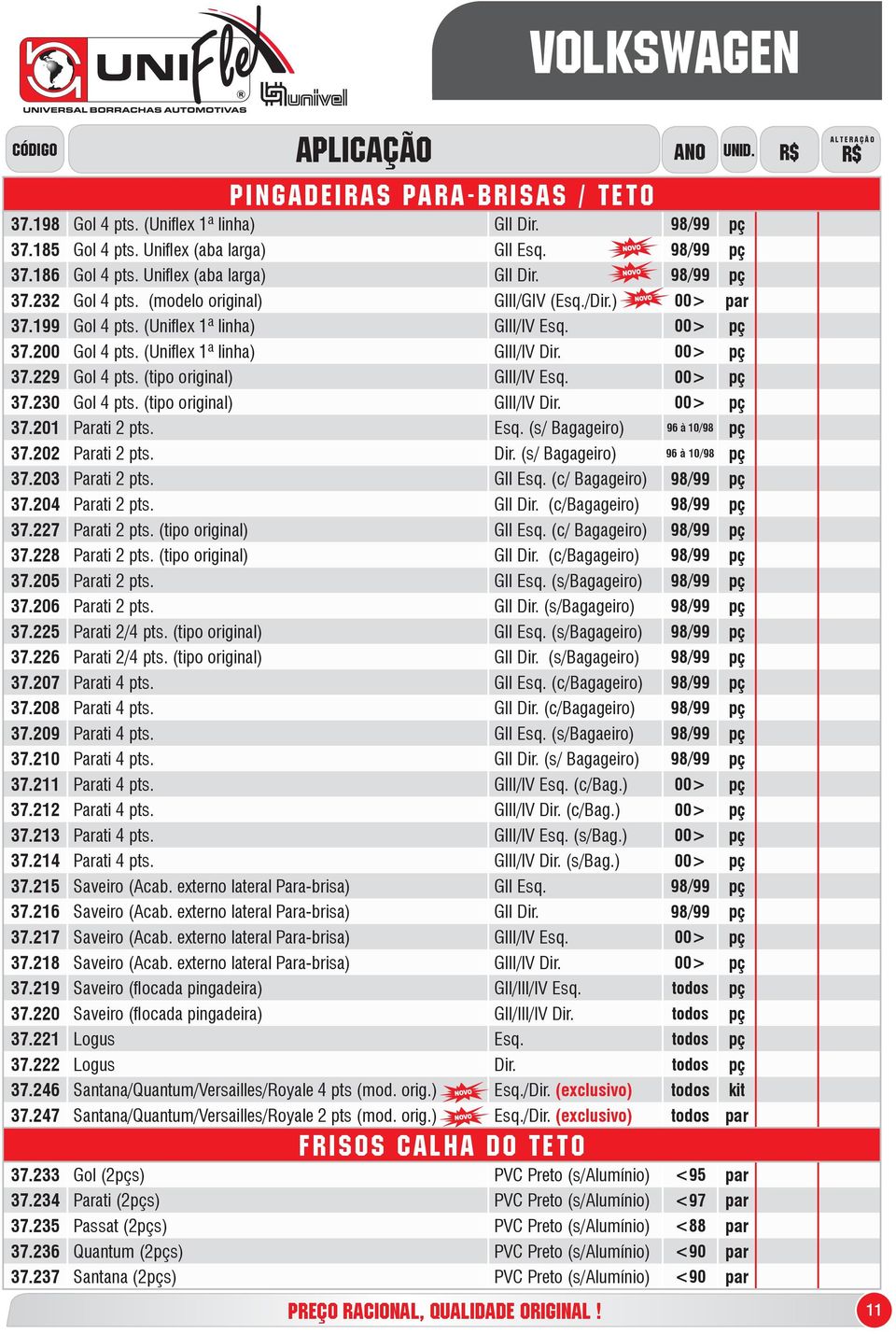 (Uniflex 1ª linha) GIII/IV Dir. 00> pç 37.229 Gol 4 pts. (tipo original) GIII/IV Esq. 00> pç 37.230 Gol 4 pts. (tipo original) GIII/IV Dir. 00> pç 37.201 Parati 2 pts. Esq. (s/ Bagageiro) 96 à 10/98 pç 37.