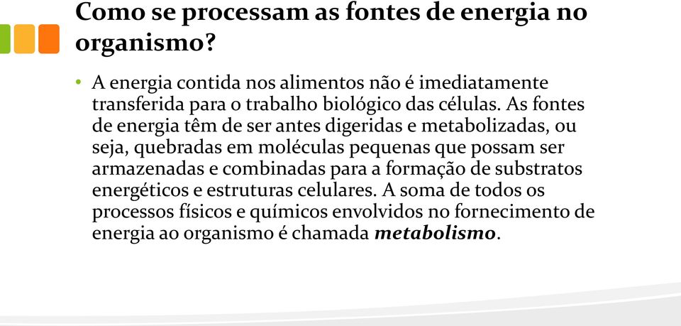 As fontes de energia têm de ser antes digeridas e metabolizadas, ou seja, quebradas em moléculas pequenas que possam ser