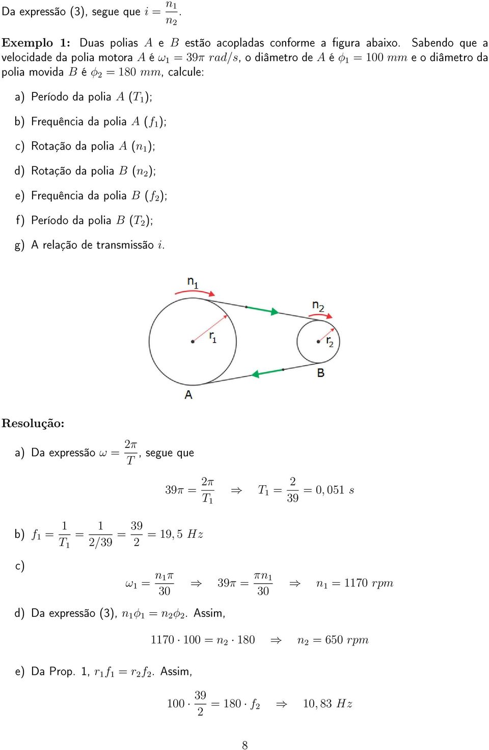 polia A (f 1 ); c) Rotação da polia A (n 1 ); d) Rotação da polia B (n 2 ); e) Frequência da polia B (f 2 ); f) Período da polia B (T 2 ); g) A relação de transmissão i.