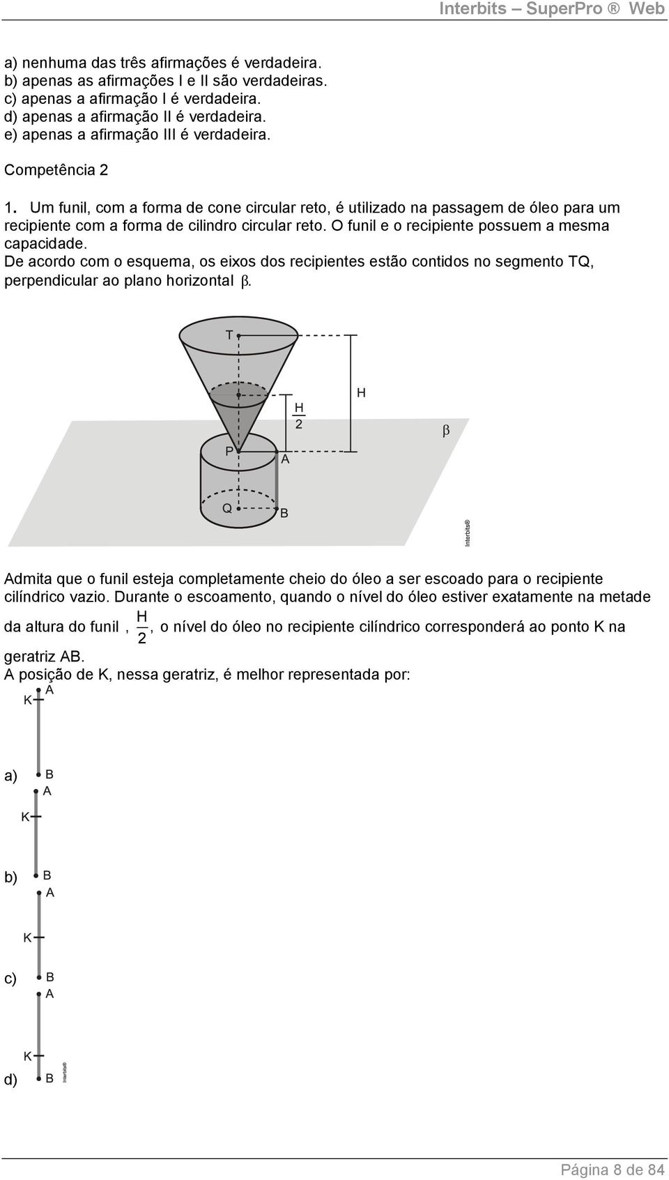 O funil e o recipiente possuem a mesma capacidade. De acordo com o esquema, os eixos dos recipientes estão contidos no segmento TQ, perpendicular ao plano horizontal β.