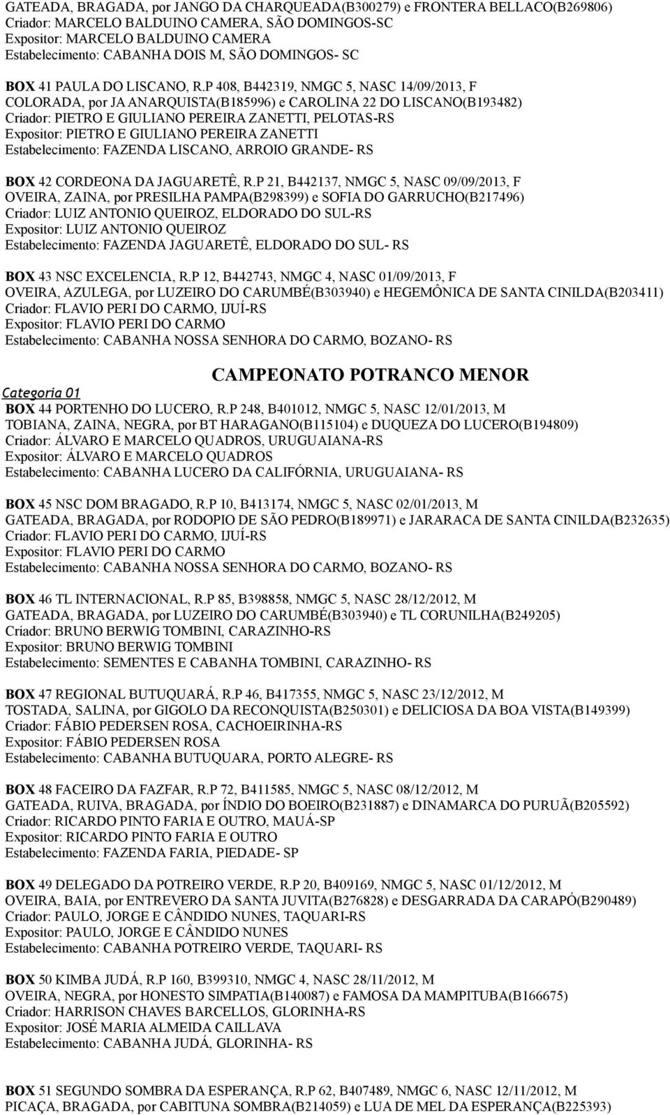 P 408, B442319, NMGC 5, NASC 14/09/2013, F COLORADA, por JA ANARQUISTA(B185996) e CAROLINA 22 DO LISCANO(B193482) Criador: PIETRO E GIULIANO PEREIRA ZANETTI, PELOTAS-RS Expositor: PIETRO E GIULIANO