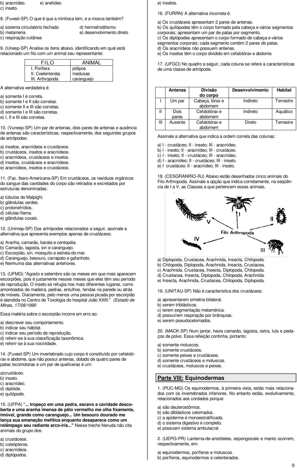 (Unesp-SP) Analise os itens abaixo, identificando em qual está relacionado um filo com um animal seu representante: FI LO I. Porifera II. Coelenterata III.