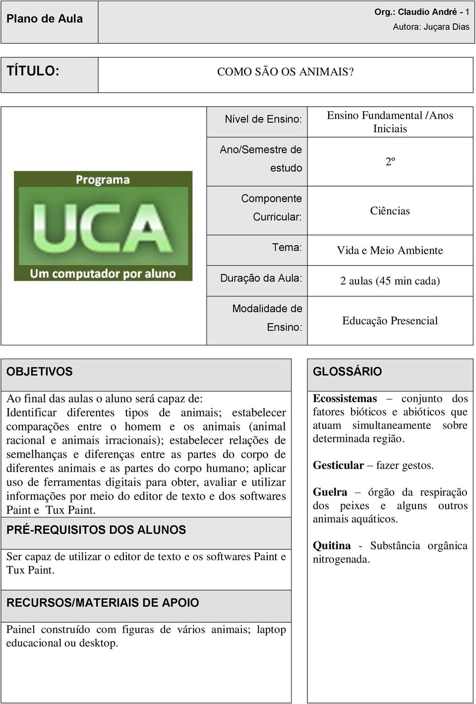 Educação Presencial OBJETIVOS Ao final das aulas o aluno será capaz de: Identificar diferentes tipos de animais; estabelecer comparações entre o homem e os animais (animal racional e animais