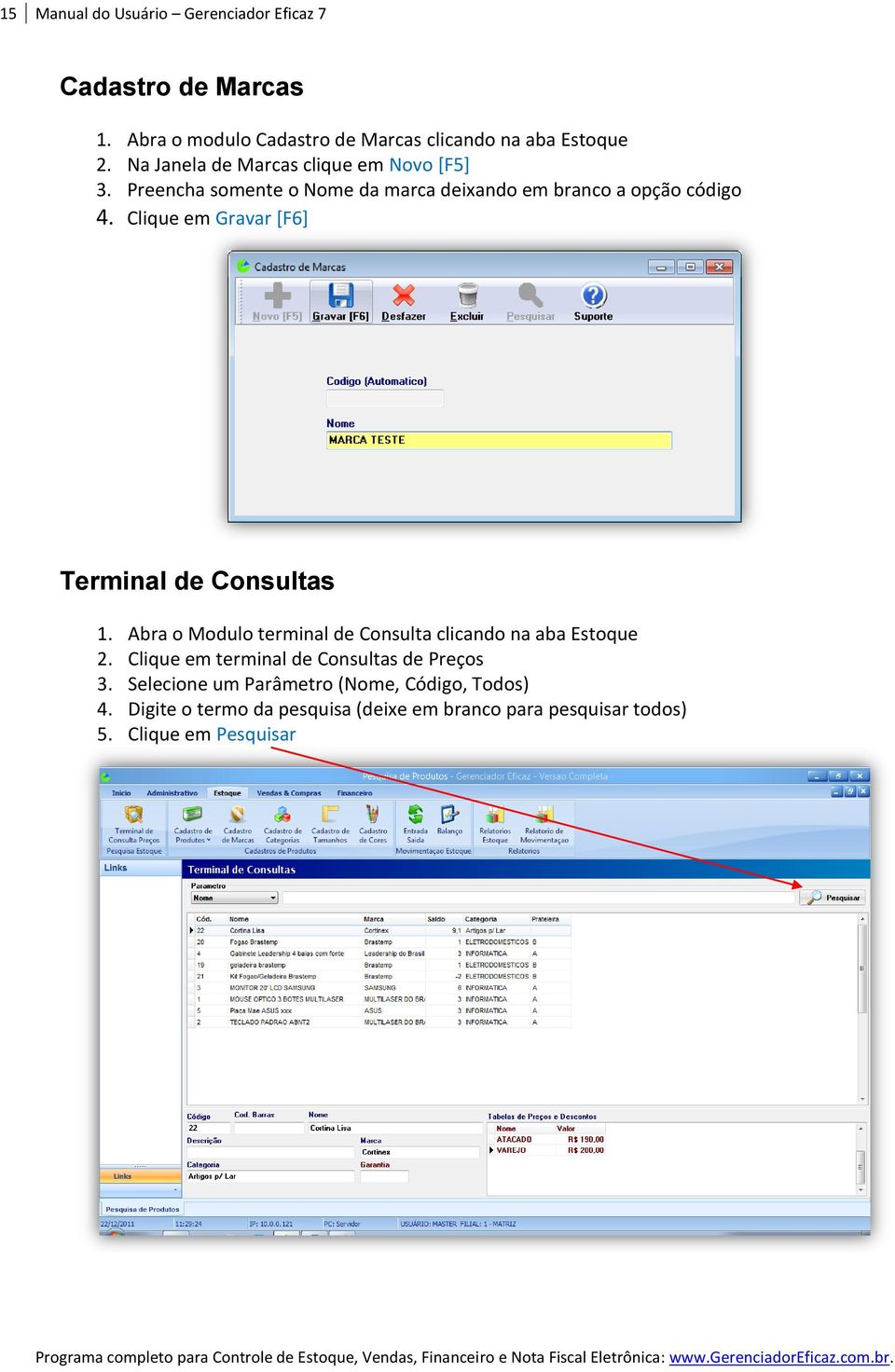 Clique em Gravar [F6] Terminal de Consultas 1. Abra o Modulo terminal de Consulta clicando na aba Estoque 2.