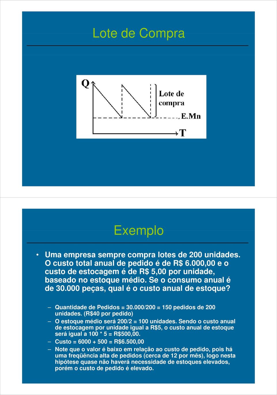 000/200 = 150 pedidos de 200 unidades. (R$40 por pedido) O estoque médio será 200/2 = 100 unidades.