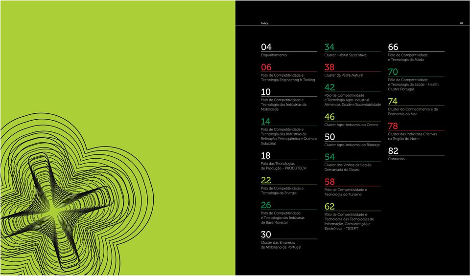 Tecnologia das Indústrias de Base Florestal 30 Cluster das Empresas de Mobiliário de Portugal 34 Cluster Habitat Sustentável 38 Cluster da Pedra Natural 42 Pólo de Competitividade e Tecnologia