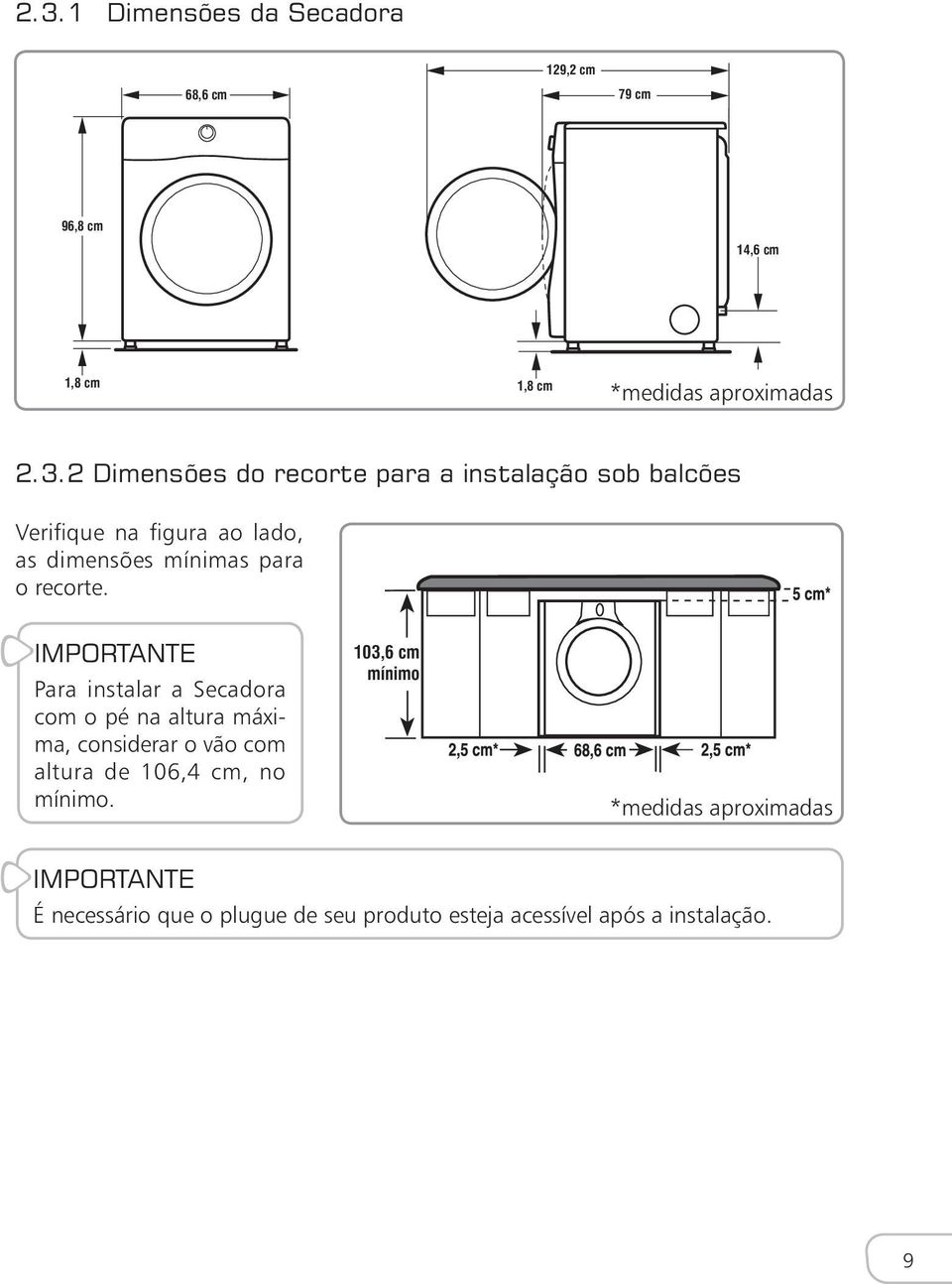 Importante Para instalar a Secadora com o pé na altura máxima, considerar o vão com altura de 106,4 cm, no mínimo.