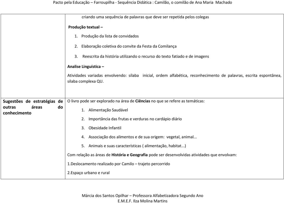 espontânea, silaba complexa QU. Sugestões de estratégias de outras áreas do conhecimento O livro pode ser explorado na área de Ciências no que se refere as temáticas: 1. Alimentação Saudável 2.