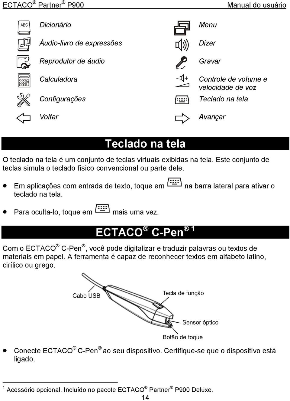 na barra lateral para ativar o Para oculta-lo, toque em mais uma vez. ECTACO C-Pen 1 Com o ECTACO C-Pen, você pode digitalizar e traduzir palavras ou textos de materiais em papel.