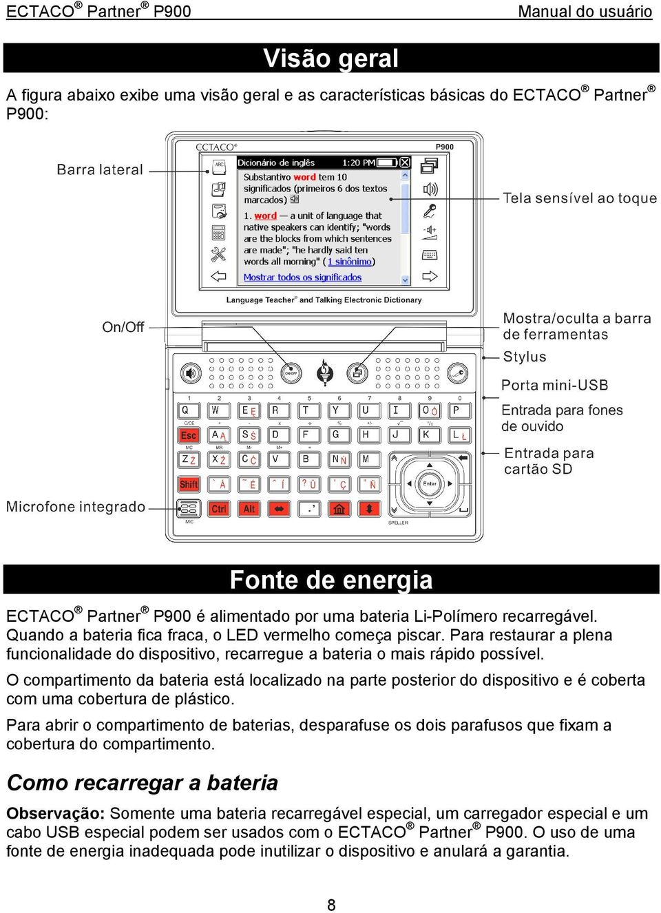 O compartimento da bateria está localizado na parte posterior do dispositivo e é coberta com uma cobertura de plástico.