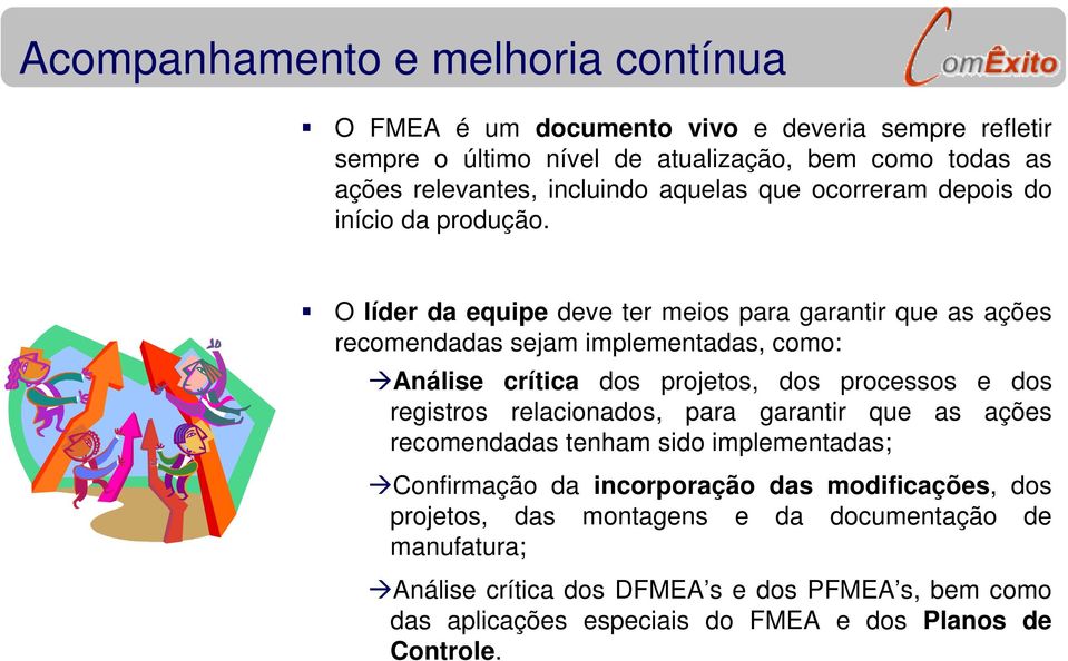 O líder da equipe deve ter meios para garantir que as ações recomendadas sejam implementadas, como: Análise crítica dos projetos, dos processos e dos registros