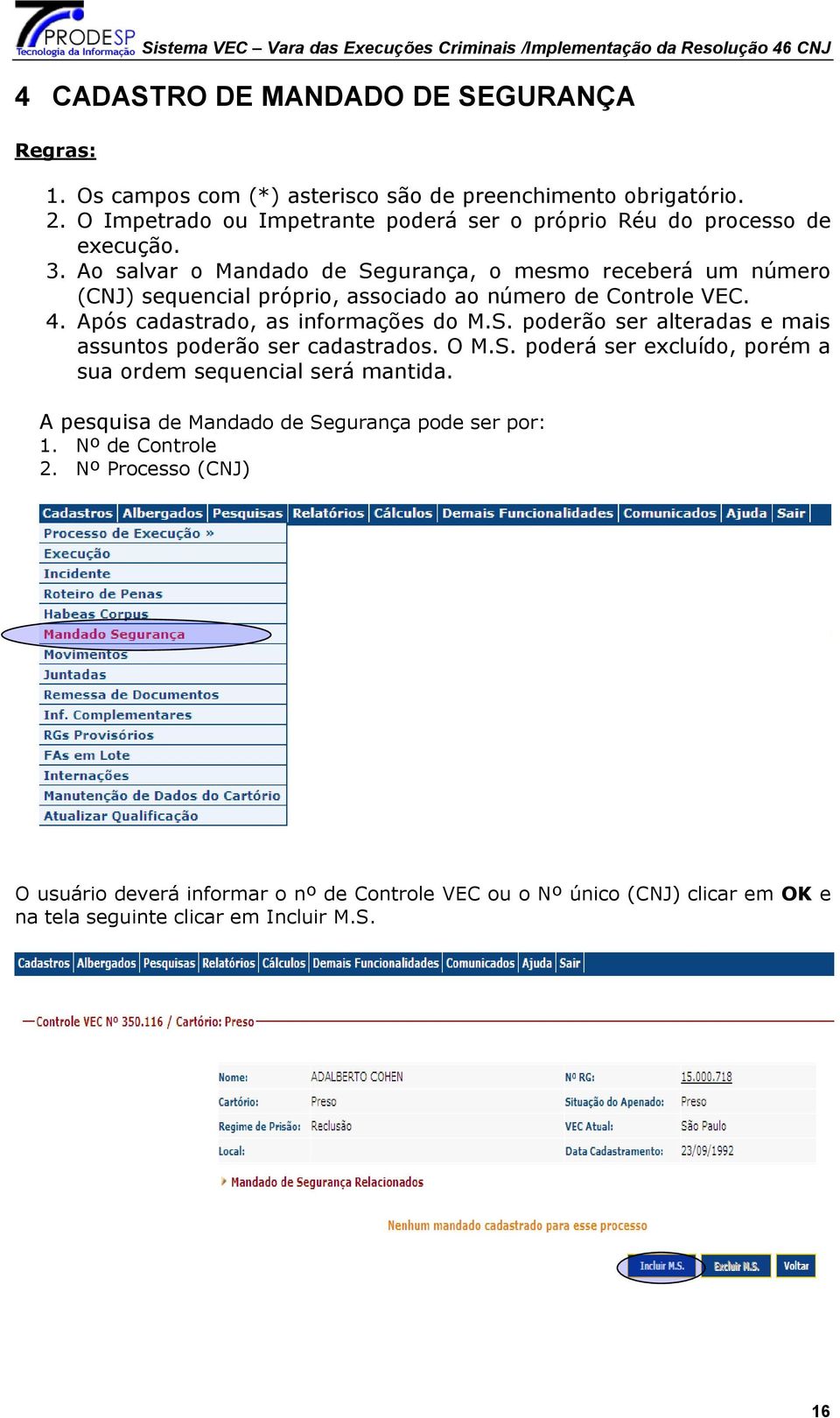 Ao salvar o Mandado de Segurança, o mesmo receberá um número (CNJ) sequencial próprio, associado ao número de Controle VEC. 4. Após cadastrado, as informações do M.S. poderão ser alteradas e mais assuntos poderão ser cadastrados.