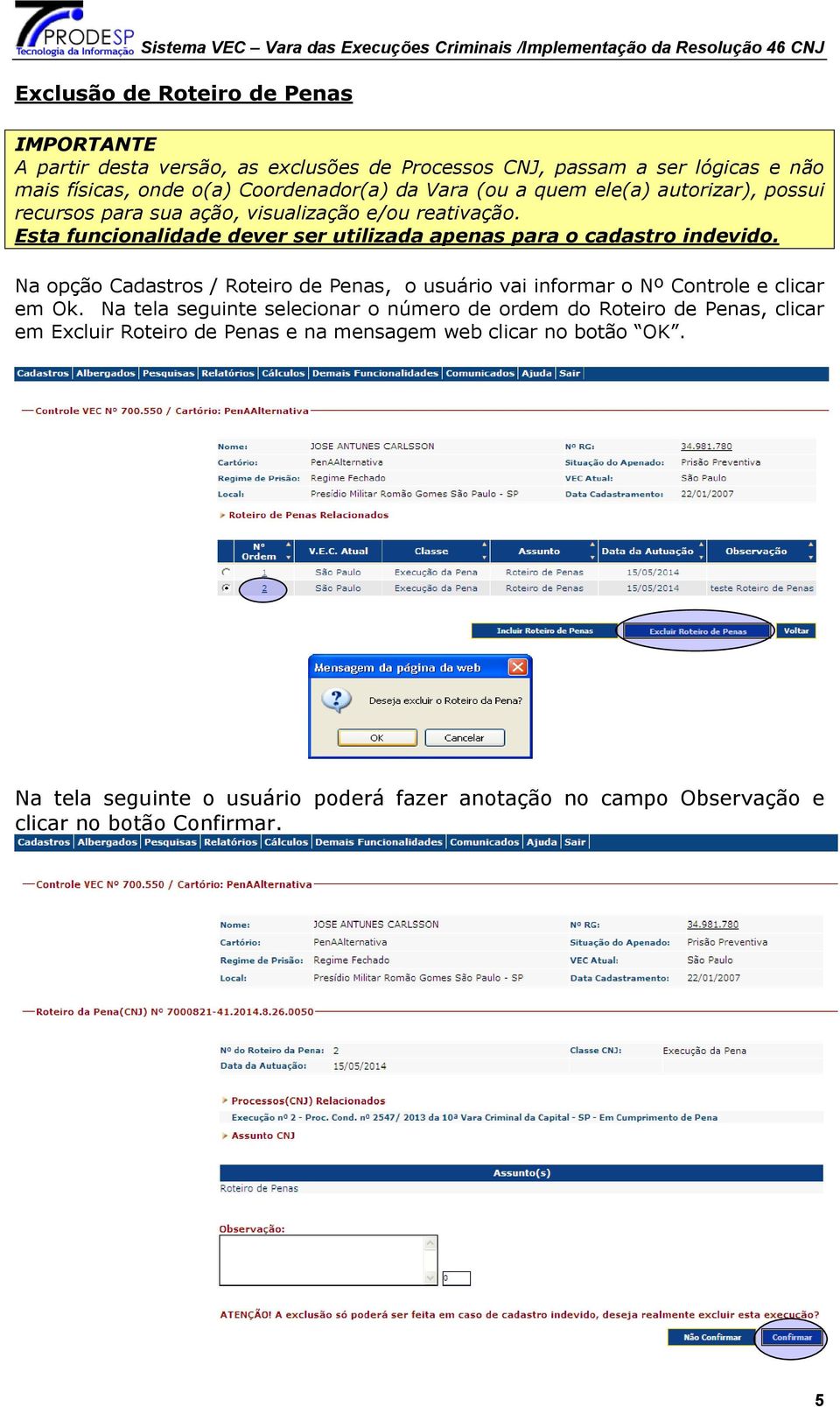 Esta funcionalidade dever ser utilizada apenas para o cadastro indevido. Na opção Cadastros / Roteiro de Penas, o usuário vai informar o Nº Controle e clicar em Ok.