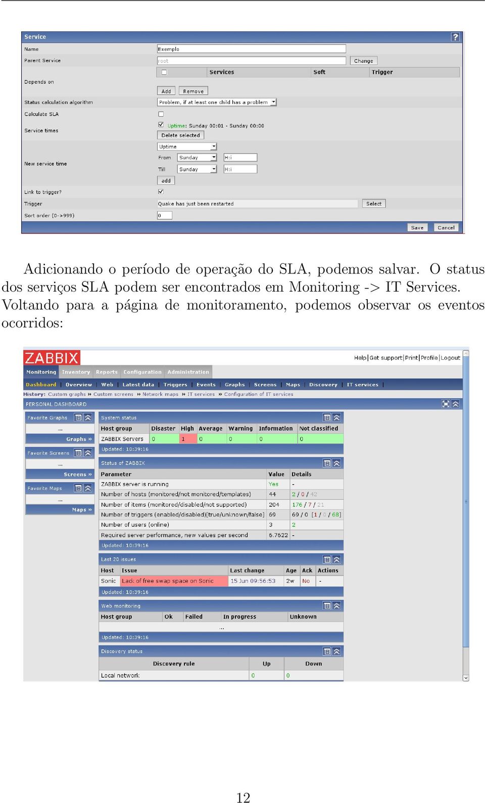 O status dos serviços SLA podem ser encontrados em