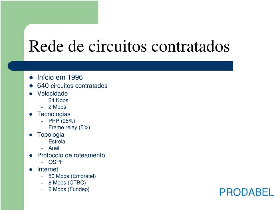 Frame relay (5%) Topologia Estrela Anel Protocolo de