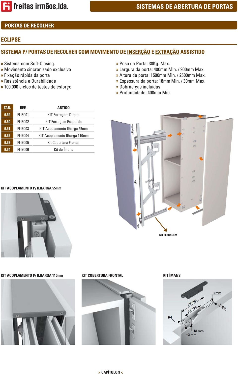 » Altura da porta: 1500mm Min. / 2500mm Max.» Espessura da porta: 18mm Min. / 30mm Max.» Dobradiças incluidas» Profundidade: 400mm Min. TAB. REF. ARTIGO 9.59 FI-EC01 KIT Ferragem Direita 9.