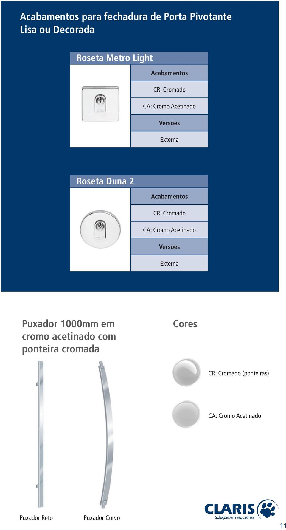 CR: Cromado CA: Cromo Acetinado Versões Externa Puxador 1000mm em cromo acetinado com