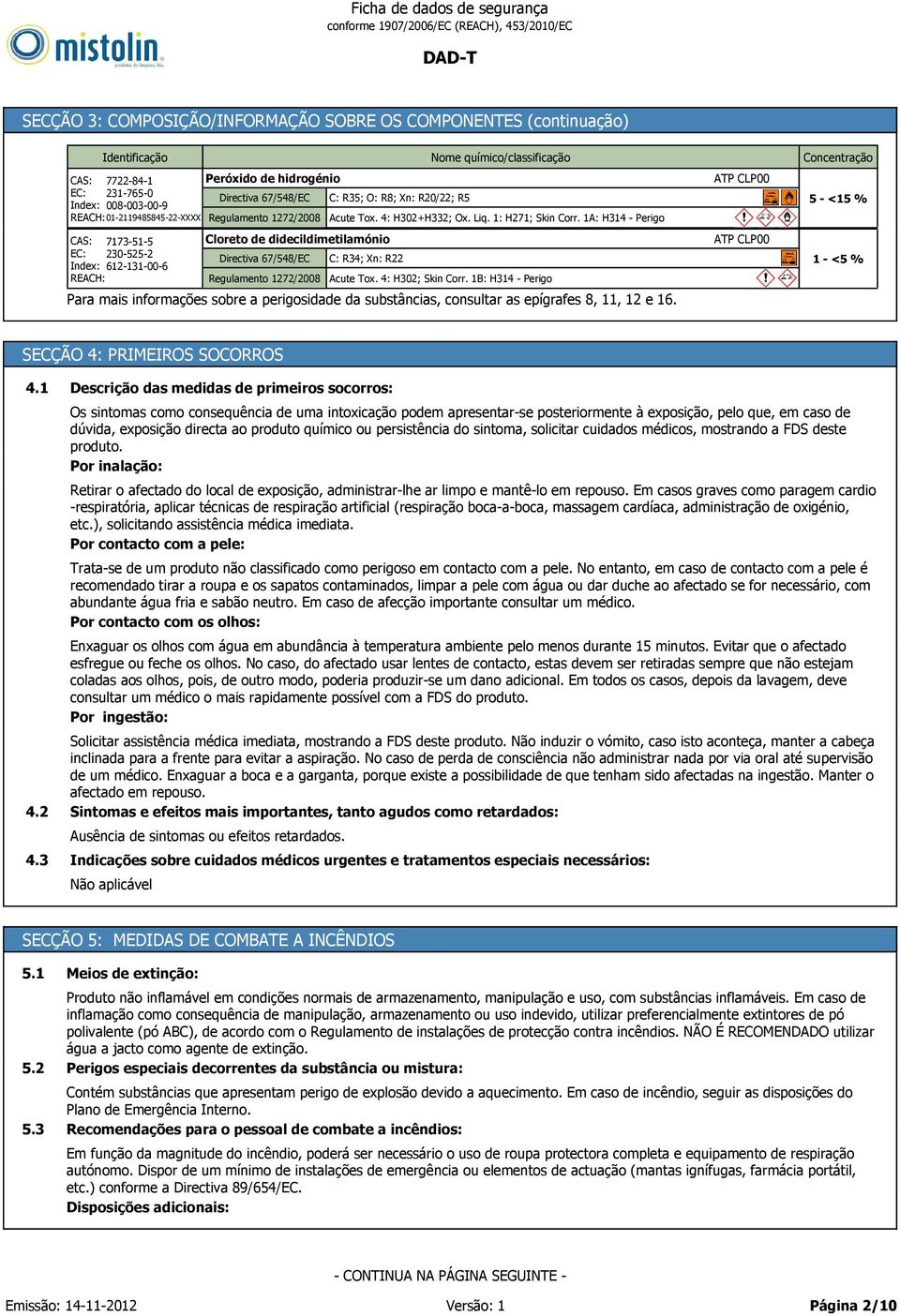 1A: H314 Perigo CAS: 7173 51 5 EC: 230 525 2 Index: 612 131 00 6 REACH: Cloreto de didecildimetilamónio Directiva 67/548/EC Regulamento 1272/2008 C: R34; Xn: R22 Acute Tox. 4: H302; Skin Corr.