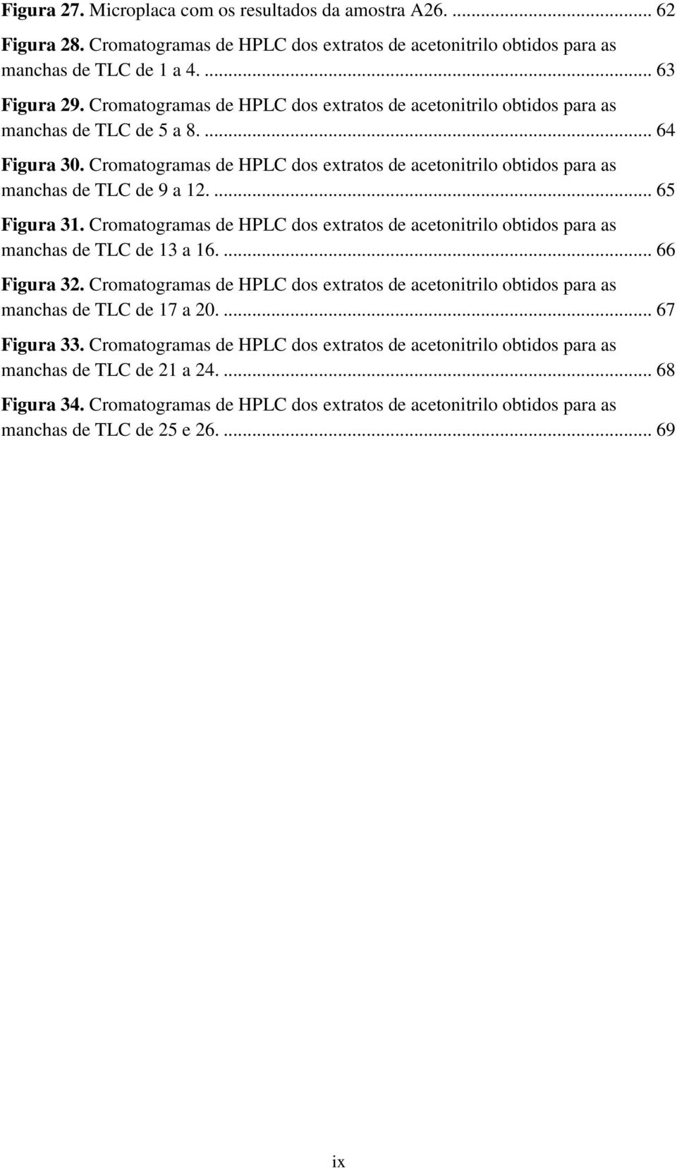 Cromatogramas de HPLC dos extratos de acetonitrilo obtidos para as manchas de TLC de 9 a 12.... 65 Figura 31.