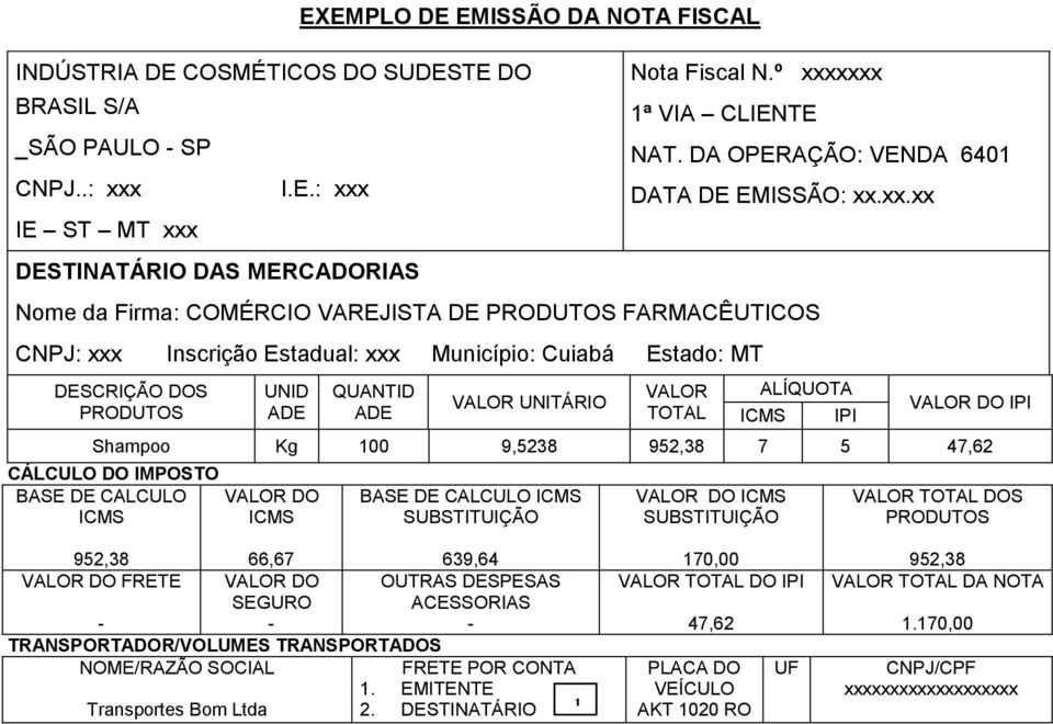 DESCRIÇÃO DOS UNID ADE QUANTID ADE VALOR UNITÁRIO VALOR TOTAL ALÍQUOTA IPI VALOR DO IPI Shampoo Kg 100 9,5238 7 5 47,62 CÁLCULO DO IMPOSTO BASE DE CALCULO VALOR DO BASE DE CALCULO VALOR DO VALOR