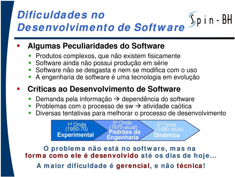 software Problemas com o processo de sw atividade caótica Diversas tentativas para melhorar o processo de desenvolvimento 1 a Onda (1950-70) Experimental 2 a Onda (1970-atual)