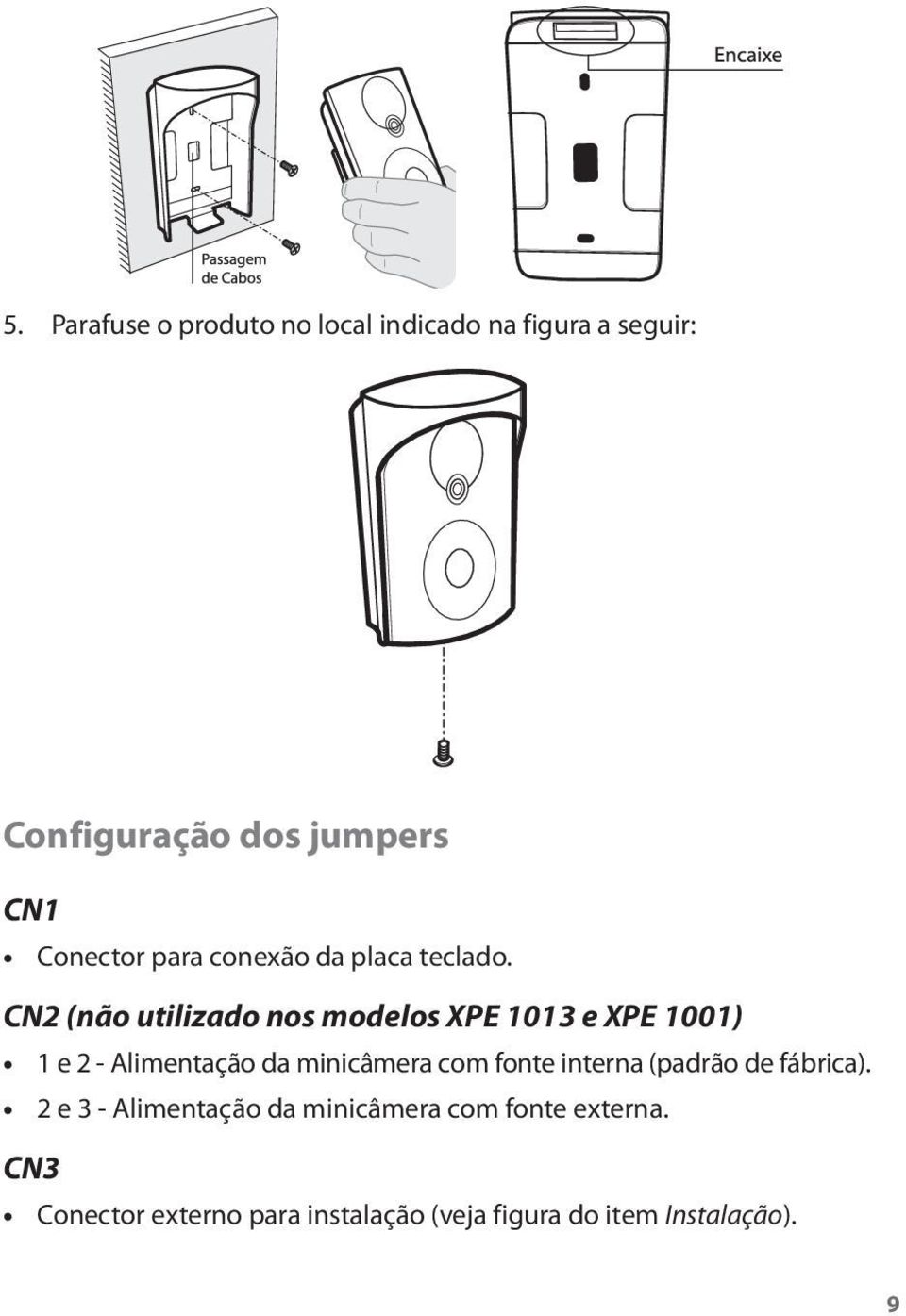 CN2 (não utilizado nos modelos XPE 1013 e XPE 1001) 1 e 2 - Alimentação da minicâmera com