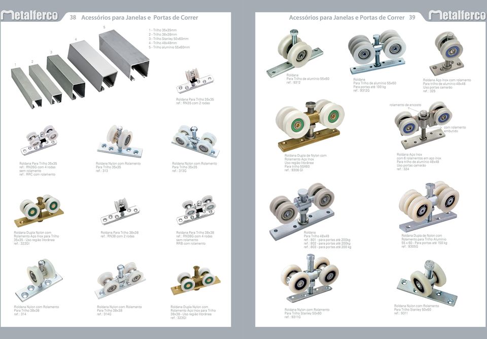 : 9312G Roldana Aço Inox com rolamento Para trilho de alumínio 48x48 Uso portas camarão ref.: 325 Roldana Para Trilho 35x35 ref.
