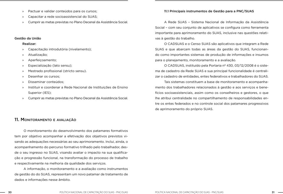 Desenhar os cursos; Disseminar conteúdos; Instituir e coordenar a Rede Nacional de Instituições de Ensino Superior (IES); Cumprir as metas previstas no Plano Decenal da Assistência Social. 11.