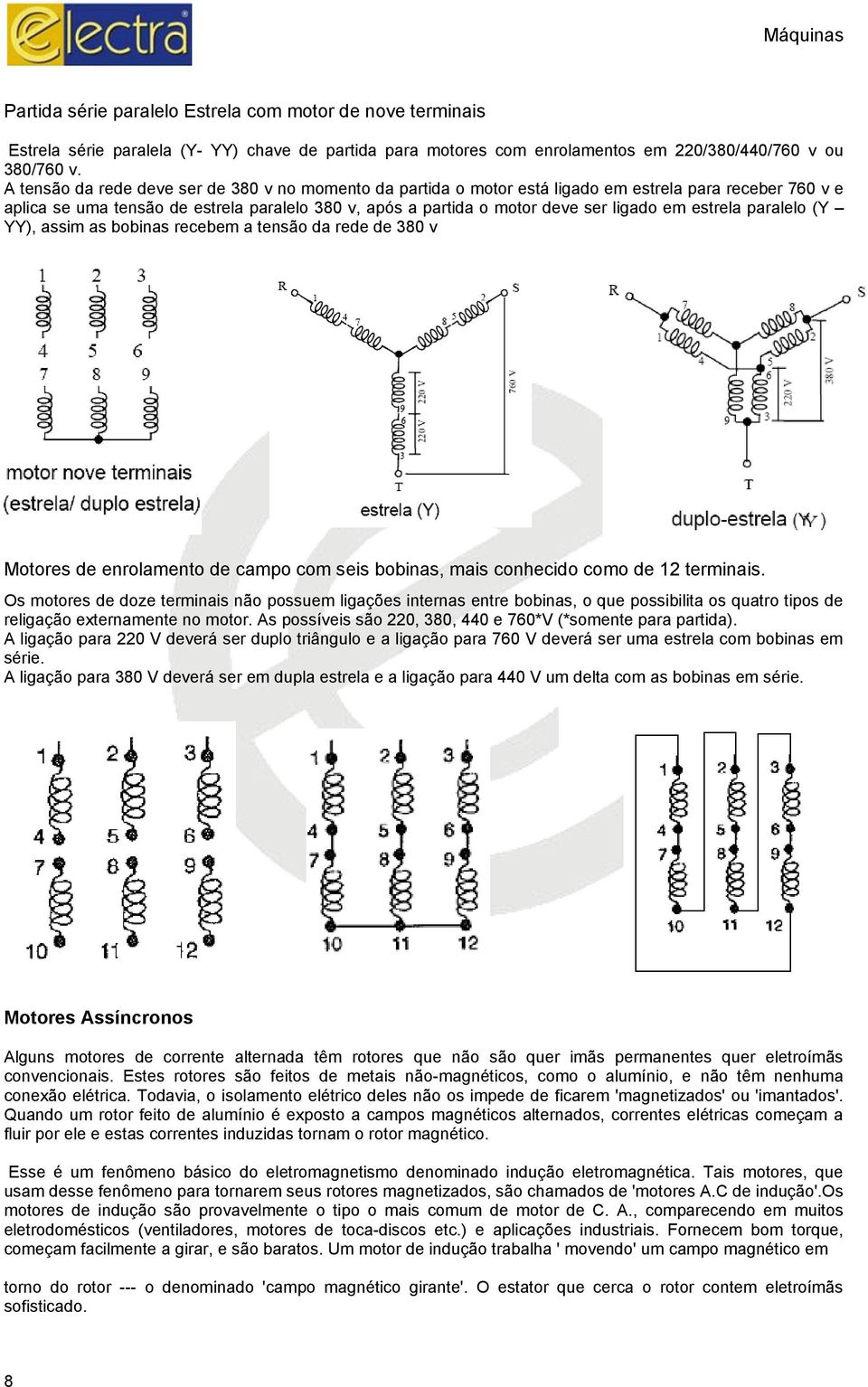 estrela paralelo (Y YY), assim as bobinas recebem a tensão da rede de 380 v Motores de enrolamento de campo com seis bobinas, mais conhecido como de 12 terminais.