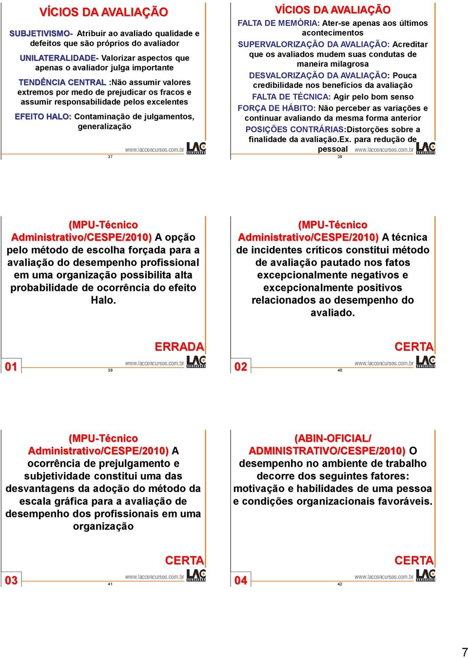 MEMÓRIA: Ater-se apenas aos últimos acontecimentos SUPERVALORIZAÇÃO DA AVALIAÇÃO: Acreditar que os avaliados mudem suas condutas de maneira milagrosa DESVALORIZAÇÃO DA AVALIAÇÃO: Pouca credibilidade