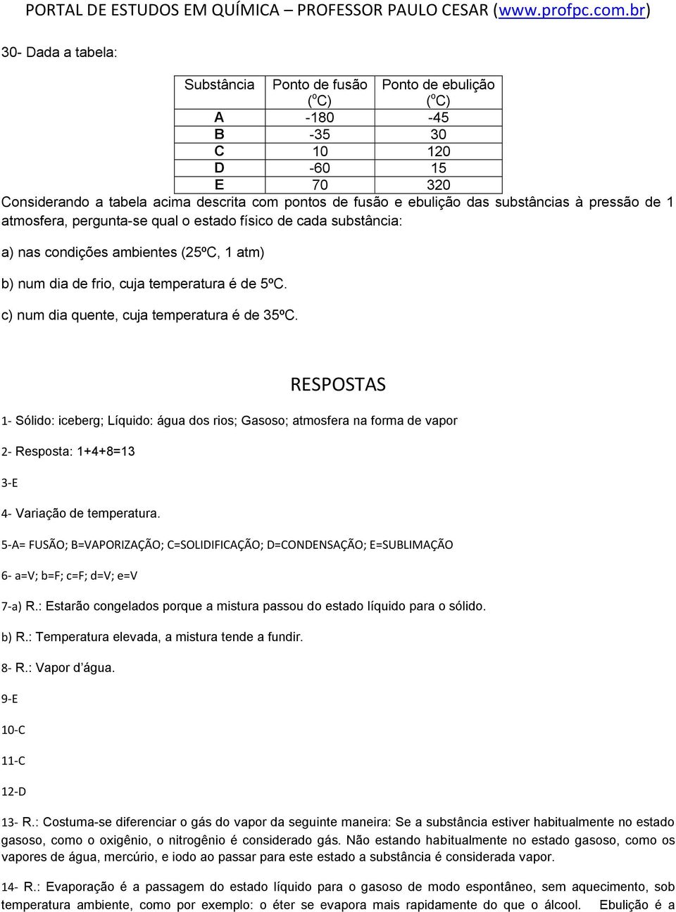 c) num dia quente, cuja temperatura é de 35ºC. RESPOSTAS 1- Sólido: iceberg; Líquido: água dos rios; Gasoso; atmosfera na forma de vapor 2- Resposta: 1+4+8=13 3-E 4- Variação de temperatura.