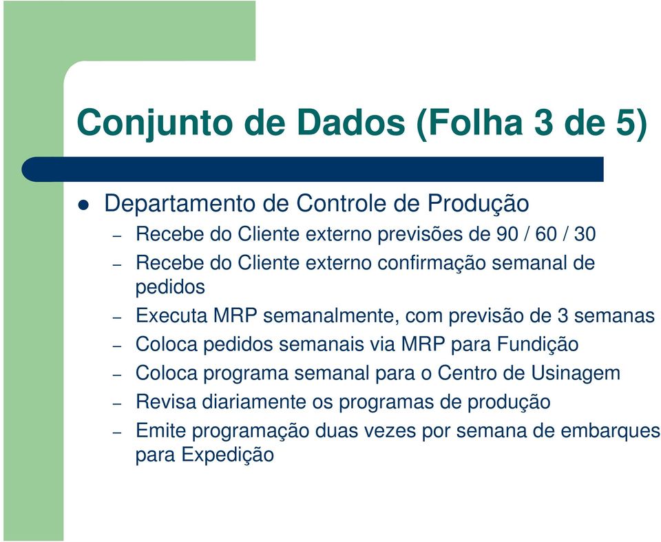 de 3 semanas Coloca pedidos semanais via MRP para Fundição Coloca programa semanal para o Centro de Usinagem