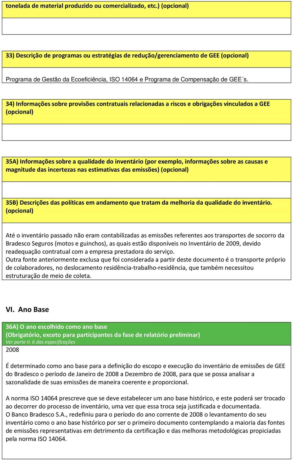 34) Informações sobre provisões contratuais relacionadas a riscos e obrigações vinculados a GEE (opcional) 35A) Informações sobre a qualidade do inventário (por exemplo, informações sobre as causas e