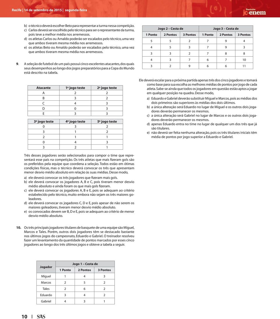 d) os atletas Carlos ou Arnaldo poderão ser escalados pelo técnico, uma vez que ambos tiveram mesma média nos arremessos.