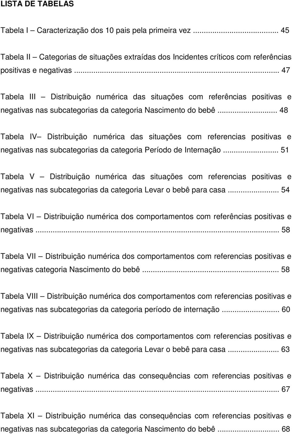 .. 48 Tabela IV Distribuição numérica das situações com referencias positivas e negativas nas subcategorias da categoria Período de Internação.