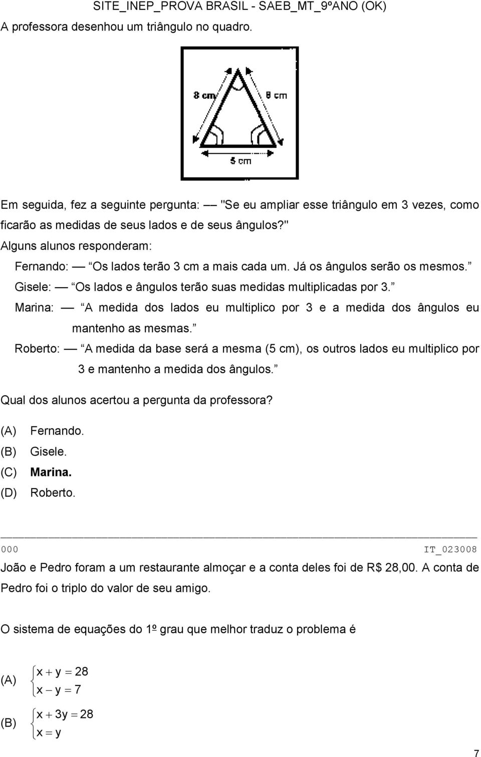 Marina: A medida dos lados eu multiplico por 3 e a medida dos ângulos eu mantenho as mesmas.