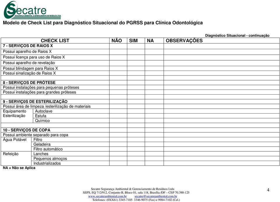 SERVIÇ0S DE ESTERILIZAÇÃO Possui área de limpeza /esterilização de materiais Equipamento Autoclave Esterilização Estufa Químico 10 - SERVIÇOS