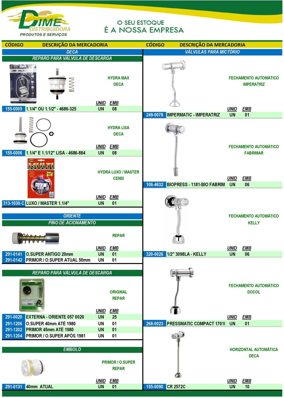 1/12" LISA - 4686-884 UN 08 FECHAMENTO AUTOMÁTICO FABRIMAR HYDRA LUXO / MASTER CENSI 106-4632 BIOPRESS - 1181-BIO FABRIMARUN 06 313-1030-C LUXO / MASTER 1.