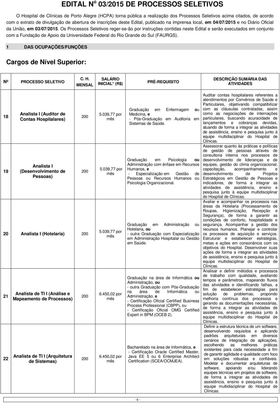 Os Processos Seletivos reger-se-ão por instruções contidas neste Edital e serão executados em conjunto com a Fundação de Apoio da Universidade Federal do Rio Grande do Sul (FAURGS).