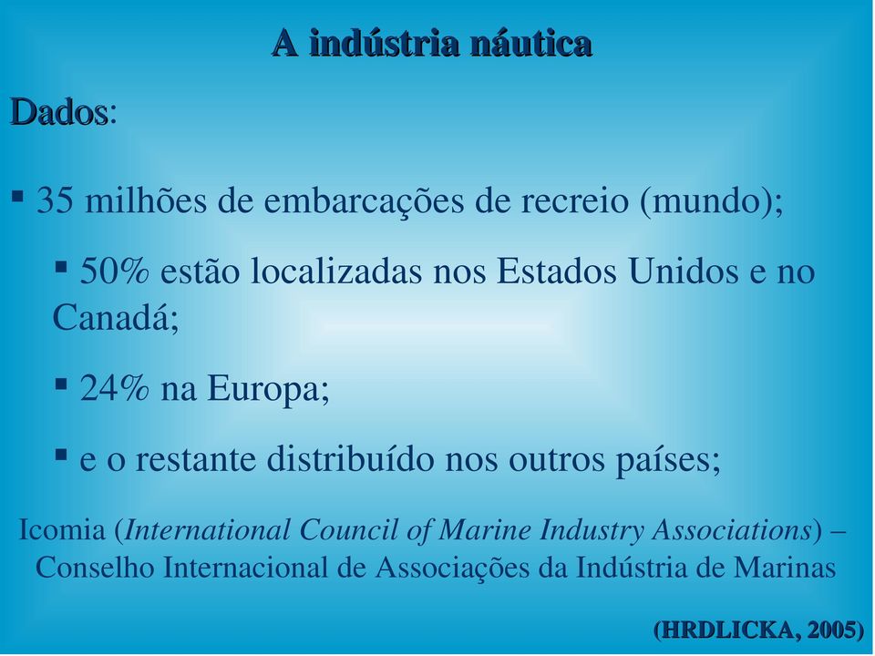 distribuído nos outros países; Icomia (International Council of Marine Industry