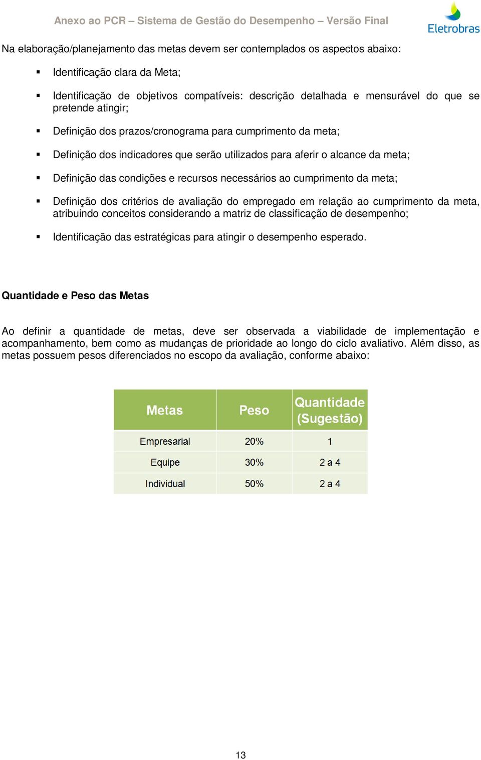 necessários ao cumprimento da meta; Definição dos critérios de avaliação do empregado em relação ao cumprimento da meta, atribuindo conceitos considerando a matriz de classificação de desempenho;