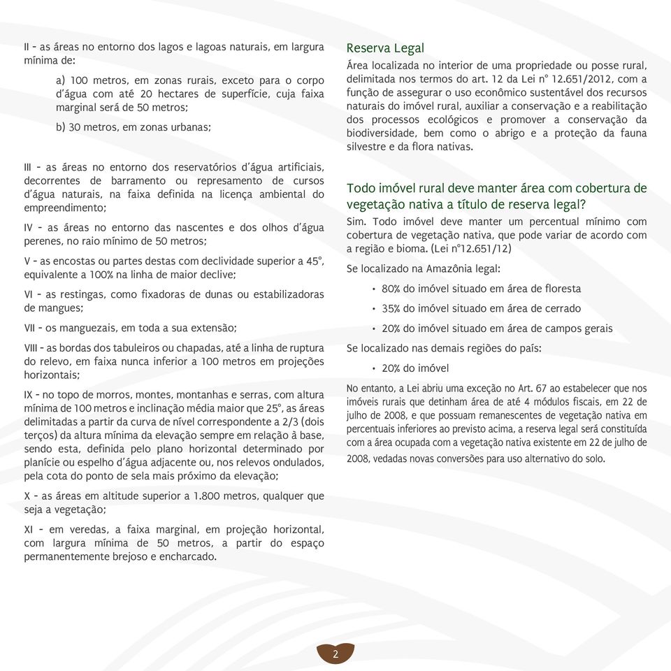 licença ambiental do empreendimento; IV - as áreas no entorno das nascentes e dos olhos d água perenes, no raio mínimo de 50 metros; V - as encostas ou partes destas com declividade superior a 45,