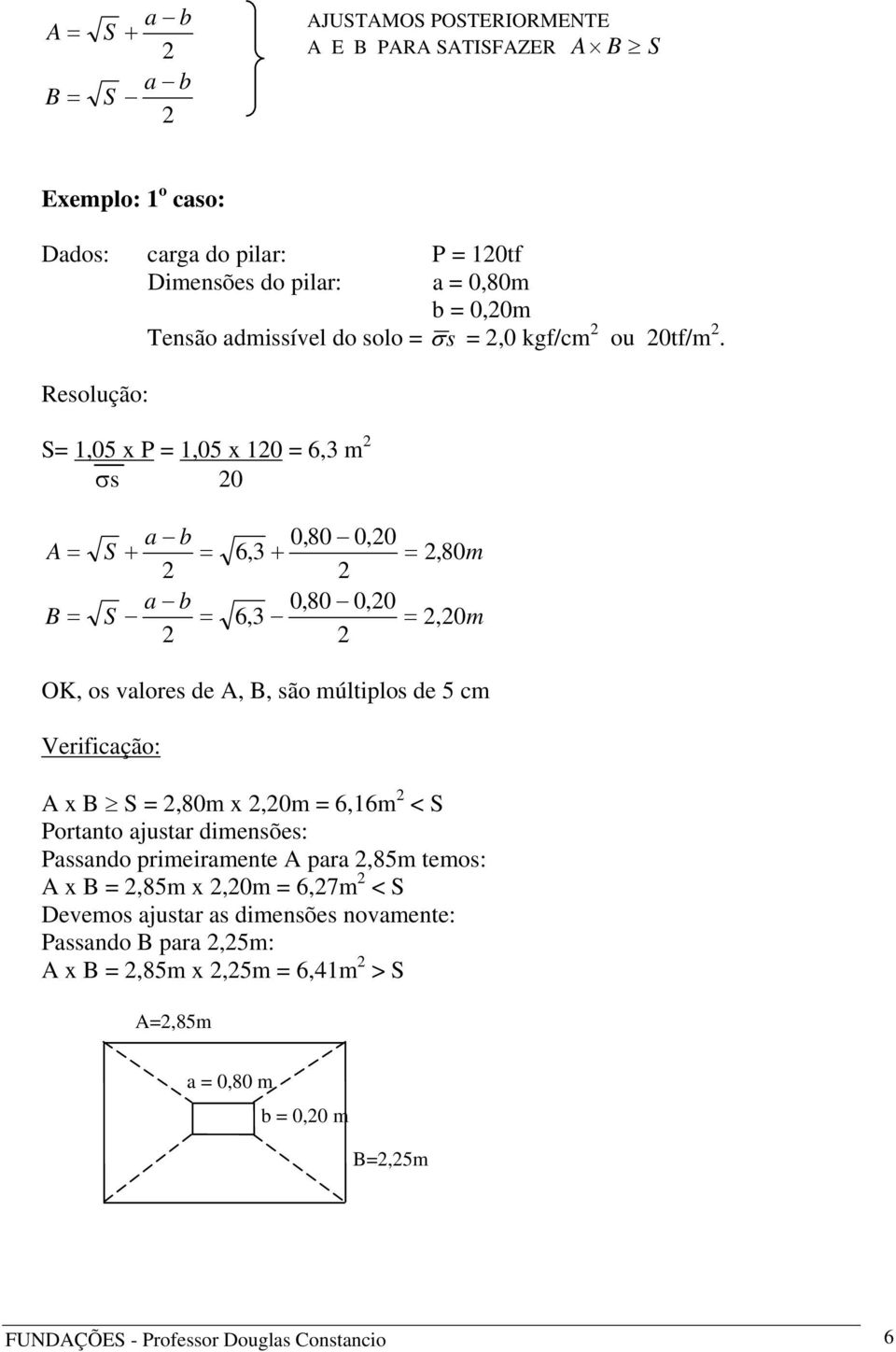 Resolução: S,05 x P,05 x 0 6,3 m σs 0 B S S a b + a b 0,80 0,0 6,3 +,80m 0,80 0,0 6,3,0m OK, os valores de, B, são múltiplos de 5 cm Verificação: x B