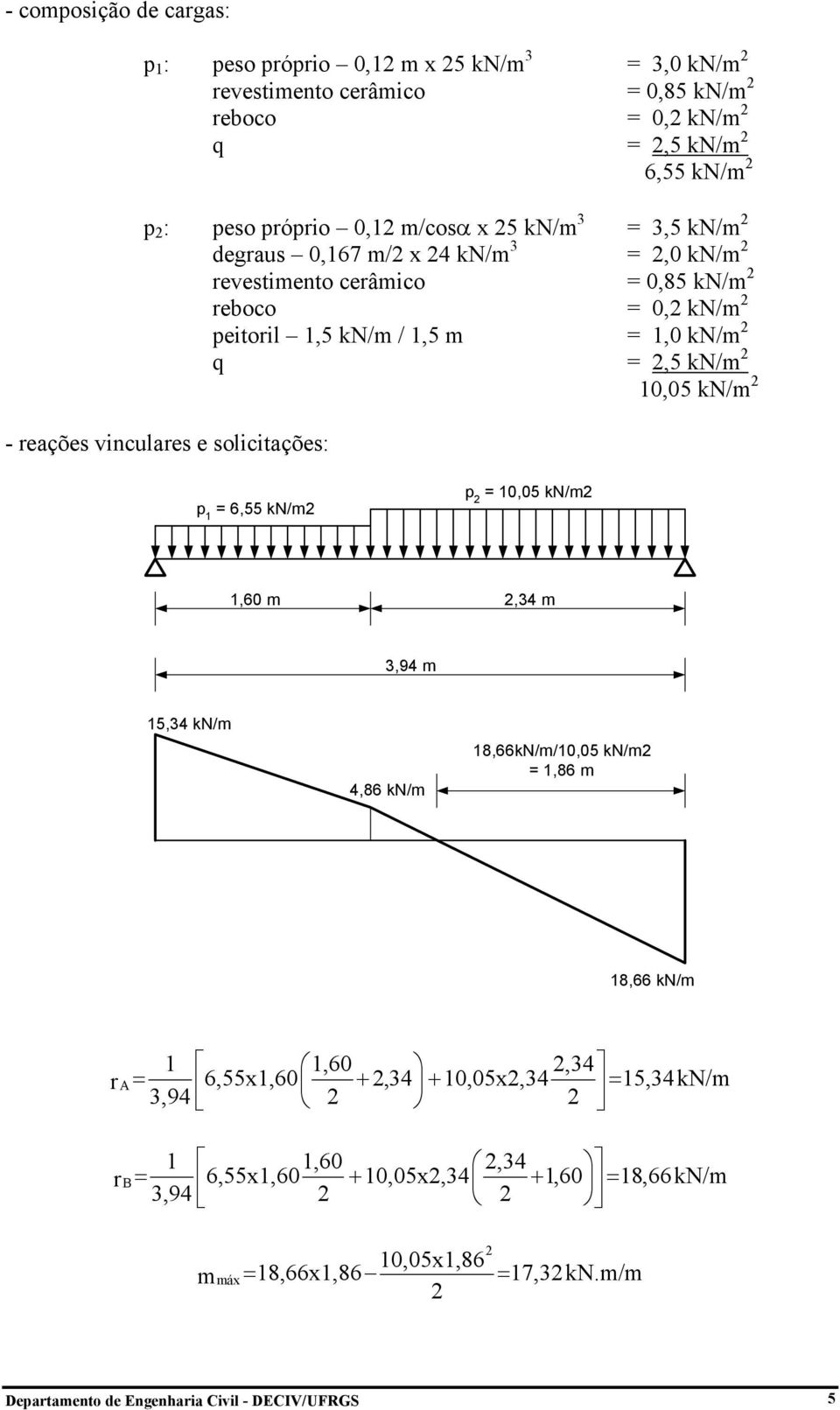 kn/m - reações vinculares e solicitações: p 6,55 kn/m p 0,05 kn/m,60 m,4 m,94 m 5,4 kn/m 4,86 kn/m 8,66kN/m/0,05 kn/m,86 m 8,66 kn/m,94,60,4