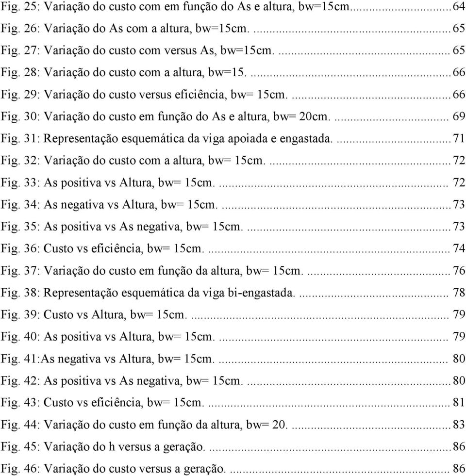 31: Representação esquemática da viga apoiada e engastada.... 71 Fig. 32: Variação do custo com a altura, bw= 15cm.... 72 Fig. 33: As positiva vs Altura, bw= 15cm.... 72 Fig. 34: As negativa vs Altura, bw= 15cm.