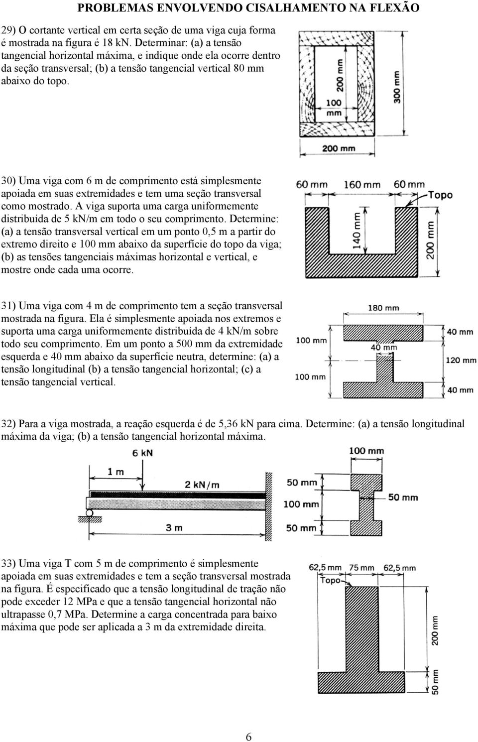 30) Uma viga com 6 m de comprimento está simplesmente apoiada em suas extremidades e tem uma seção transversal como mostrado.