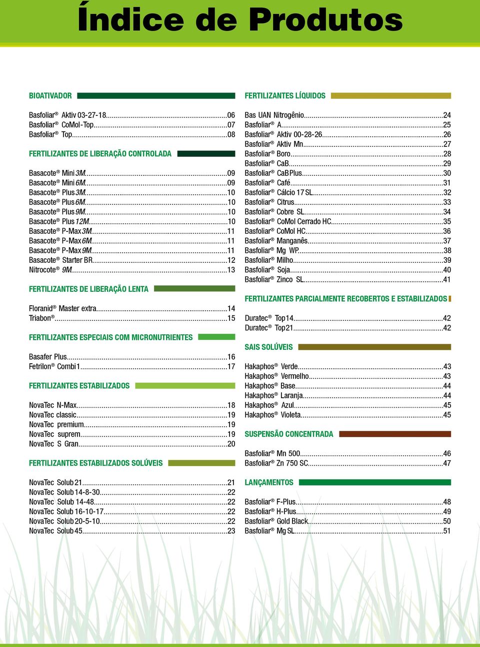 ..13 FERTILIZANTES DE LIBERAÇÃO LENTA Floranid Master extra...14 Triabon...15 FERTILIZANTES ESPECIAIS COM MICRONUTRIENTES Basafer Plus...16 Fetrilon Combi 1.