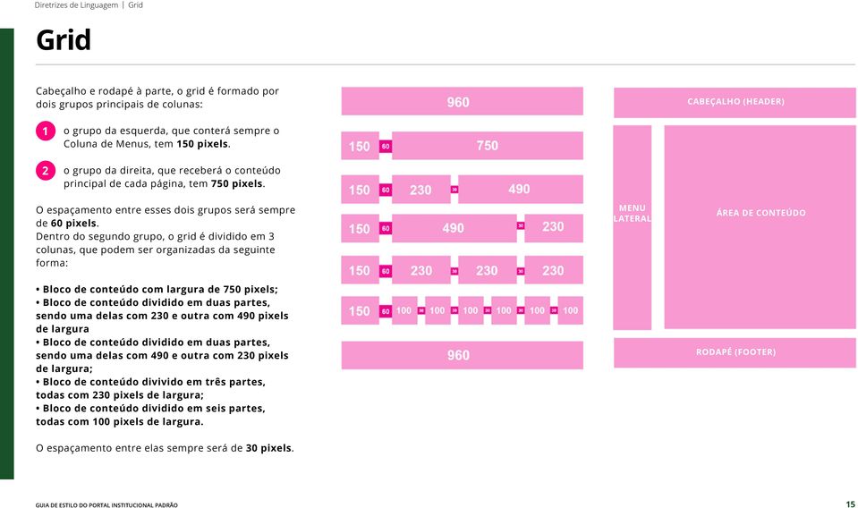 Dentro do segundo grupo, o grid é dividido em colunas, que podem ser organizadas da seguinte forma: MENU LATERAL ÁREA DE CONTEÚDO Bloco de conteúdo com largura de 750 pixels; Bloco de conteúdo